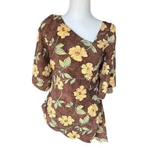 Boy Pestano Vintage Satin Career Blouse Bell Sleeve Floral Asymmetrical Size S
